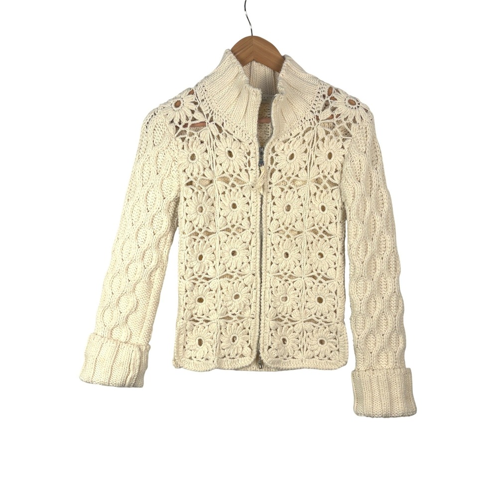 Twin-Set Simona Barbieri Women Cardigan Fits like S Cream Crochet Cable Knit Zip